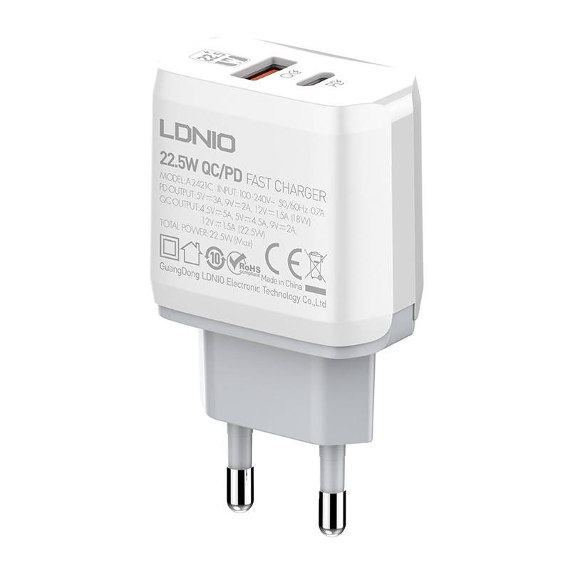 Wall charger LDNIO A2421C USB, USB-C 22.5W + USB-C - Lightning cable Wall charger LDNIO A2421C USB, USB-C 22.5W + USB-C - Lightning cable