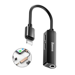 Baseus L52 Lightning audioadapter 3,5 mm-es mini jack csatlakozóhoz és 2x Lightninghez (fekete)
