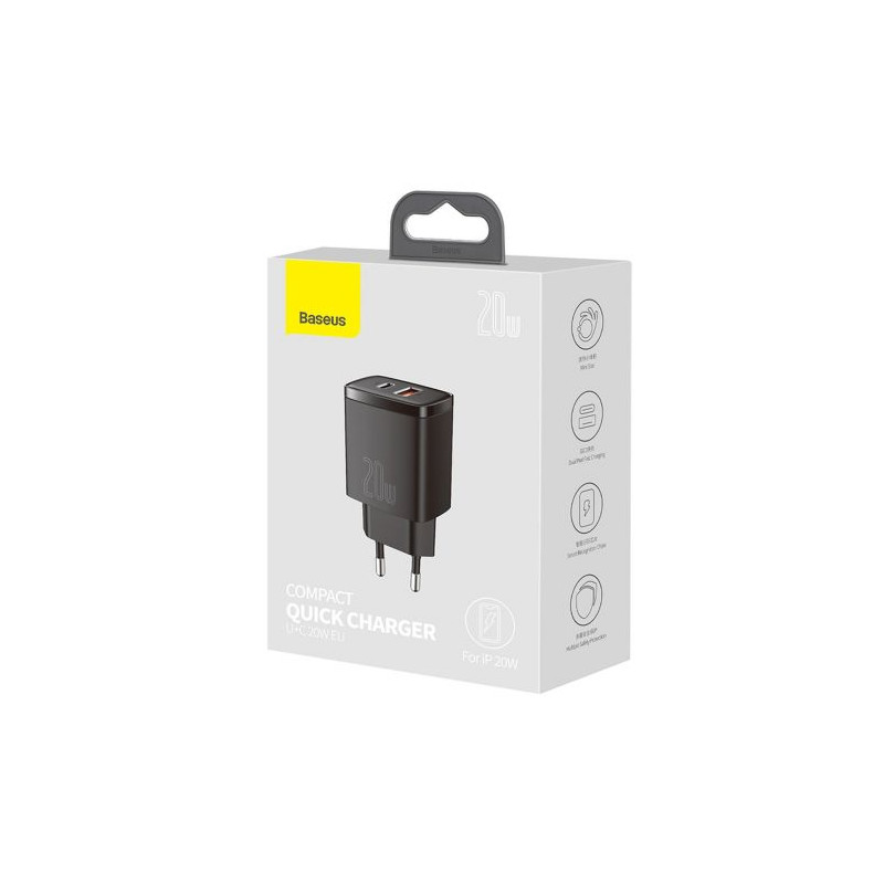 Baseus kompakt gyorstöltő, USB, USB-C, 20 W (fekete) Baseus kompakt gyorstöltő, USB, USB-C, 20 W (fekete)