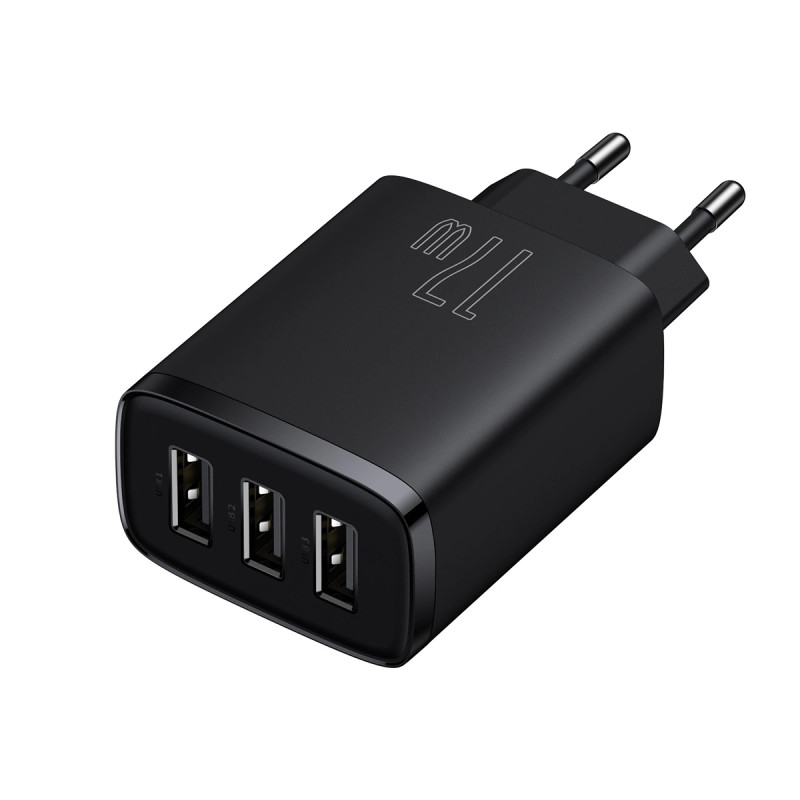 Baseus kompakt gyorstöltő, 3x USB, 17W (Fekete) Baseus kompakt gyorstöltő, 3x USB, 17W (Fekete)