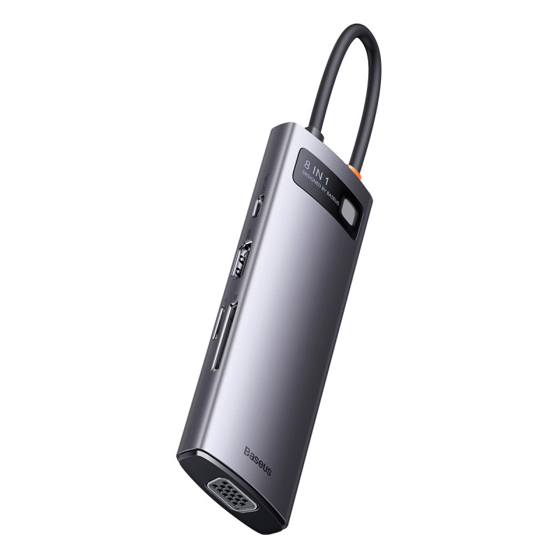 Baseus Metal Gleam Series 8 az 1-ben hub, USB-C - 3x USB 3.0 + HDMI + USB-C PD + microSD/SD + VGA Baseus Metal Gleam Series 8 az 1-ben hub, USB-C - 3x USB 3.0 + HDMI + USB-C PD + microSD/SD + VGA