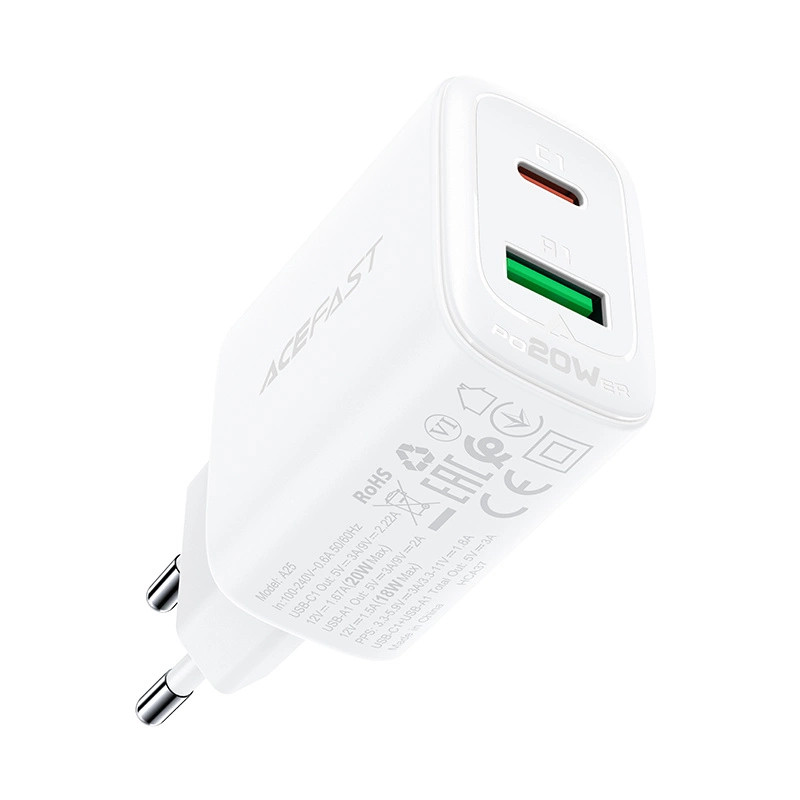 Wall Charger Acefast A25, USB + USB-C, PD 20W (white) Wall Charger Acefast A25, USB + USB-C, PD 20W (white)