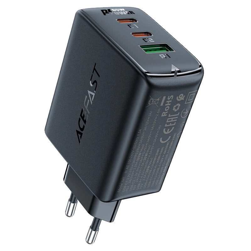 Acefast A41 wall charger, 2x USB-C + USB, GaN 65W (black) Acefast A41 wall charger, 2x USB-C + USB, GaN 65W (black)