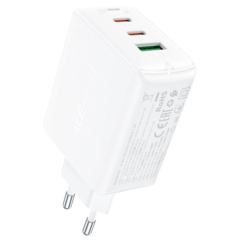 Acefast A41 wall charger, 2x USB-C + USB, GaN 65W (white) Acefast A41 wall charger, 2x USB-C + USB, GaN 65W (white)