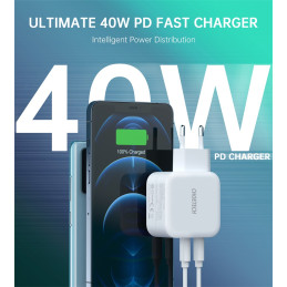 Choetech PD40W Hálózati 2x USB-C Töltő - Fehér (40W)