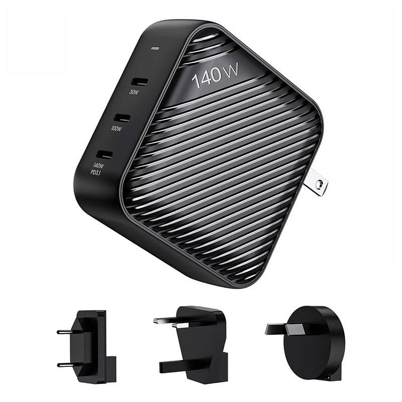 Wall charger INVZI GanHub 3x USB-C, 140W, EU/UK/AU/US (black) Wall charger INVZI GanHub 3x USB-C, 140W, EU/UK/AU/US (black)