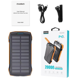 Choetech B567 Solar power bank with inductive charging 3x USB  20000mAh 20W / QC 18W / Qi 10W (black-orange)